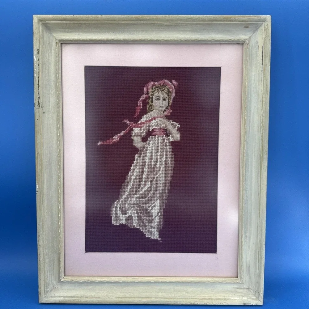 Vintage Needlepoint Picture Pinkie Victorian Girl 18